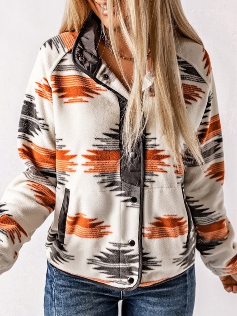 Cozy Women's Jacket Western Aztec Tribal Print Snap Button Fleece Jacket Size S
